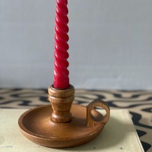 Vintage Wooden & Brass Candle Holder 5" & Twisted Red Candle 6" - Midcentury Mod